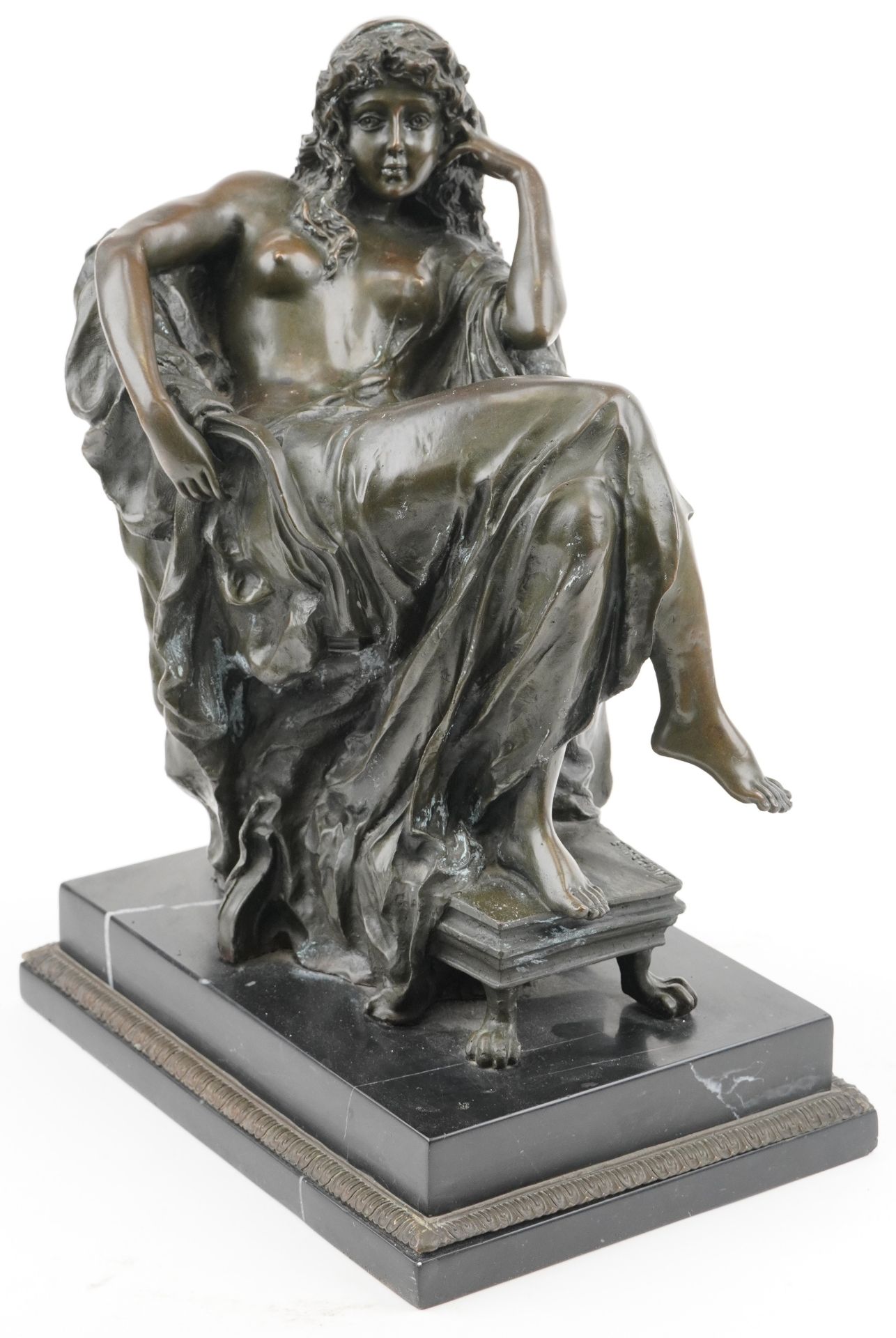 After Carpeaus, large patinated bronze statue of a semi nude Art Nouveau female raised on a