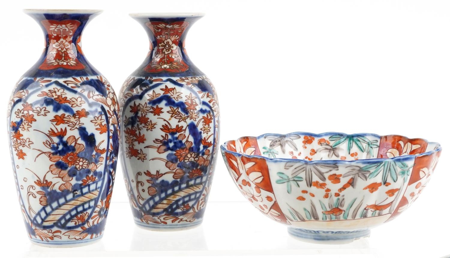 Japanese Imari porcelain including a pair of vases hand painted with flowers, the largest 19cm high - Image 2 of 9