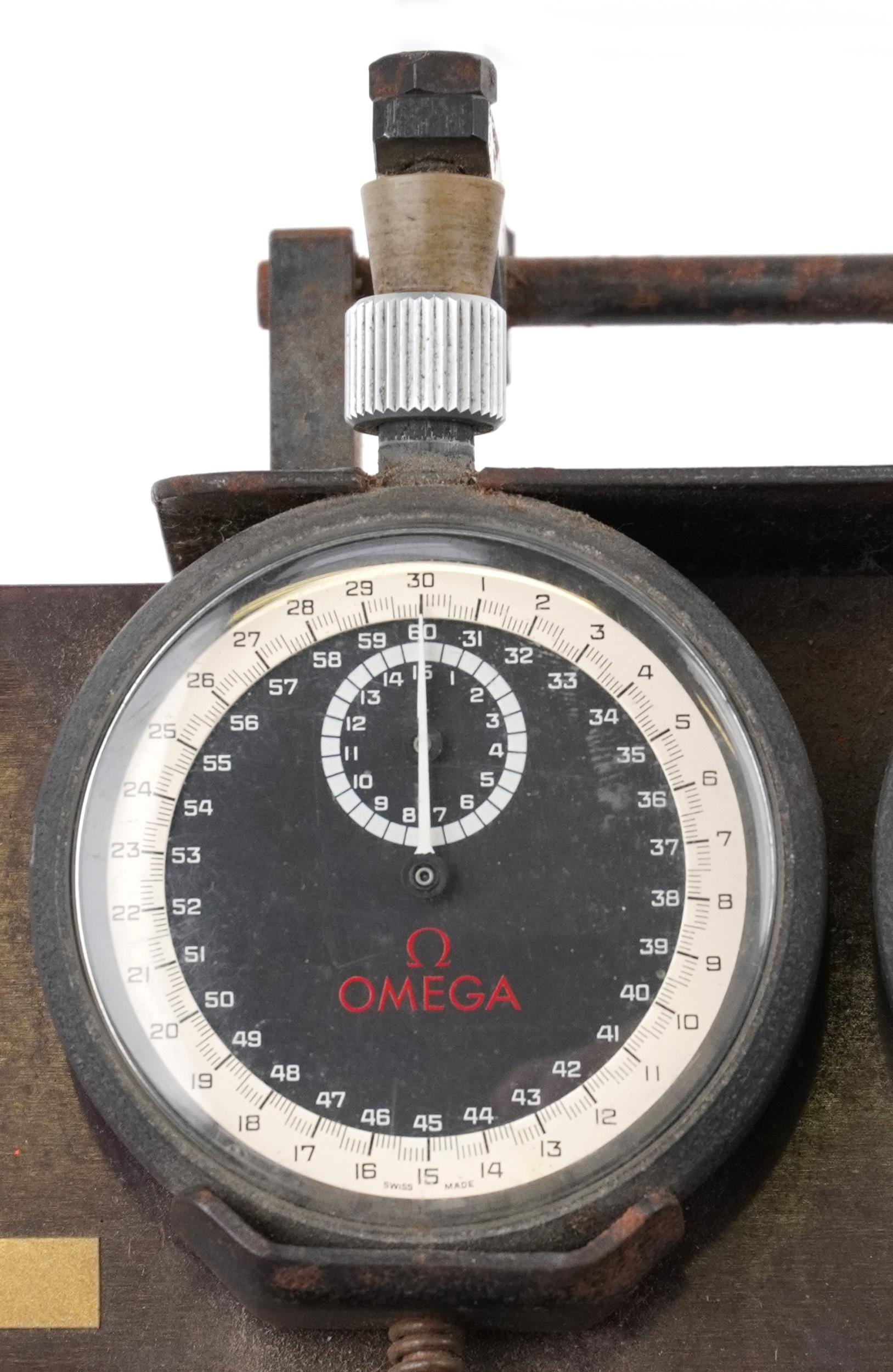 1960s Le Mans interest Heuer Timekeeper's clipboard mounted with three Omega stopwatches and Max - Image 3 of 7