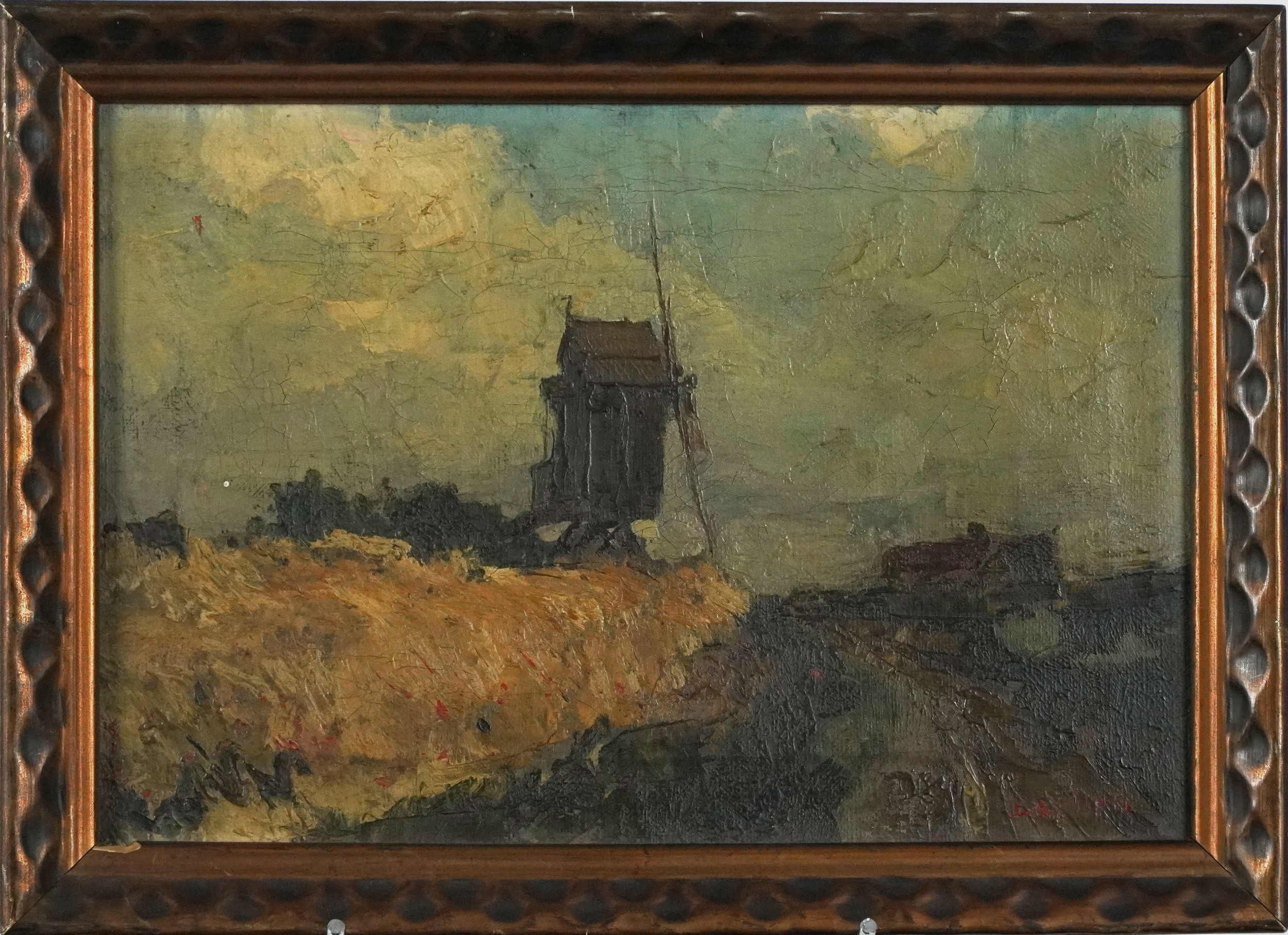 Landscape with windmill, 19th century European Impressionist oil on canvas bearing an indistinct - Image 6 of 8