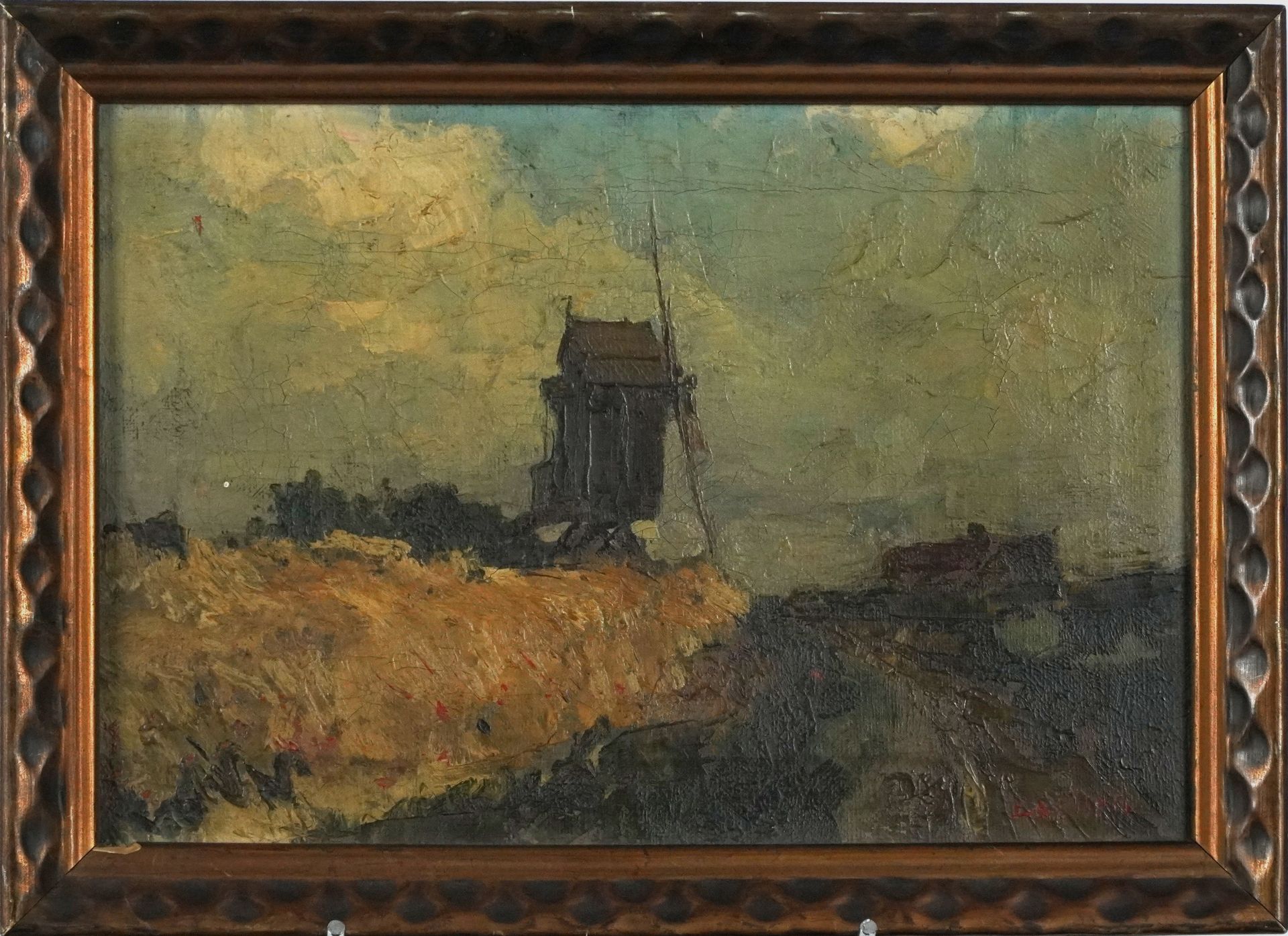 Landscape with windmill, 19th century European Impressionist oil on canvas bearing an indistinct - Bild 6 aus 8