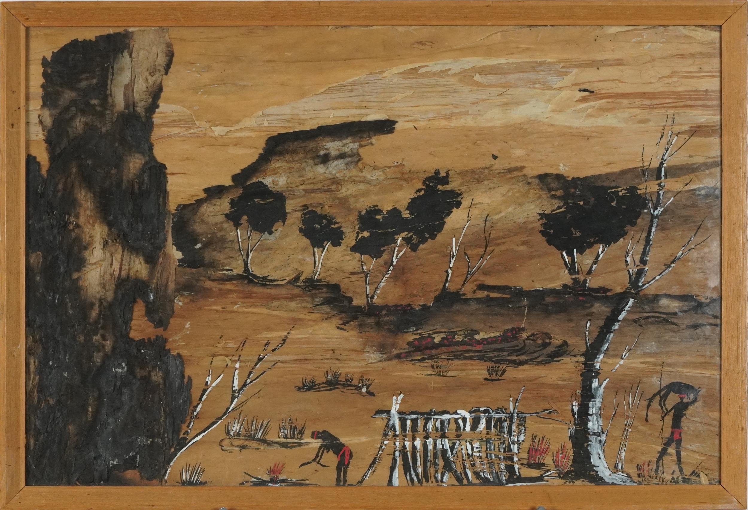 Australian landscape with Aboriginals, Aborigine Western Australian school painting on panel, labels - Image 2 of 5