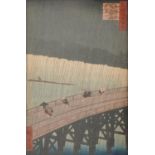 Figures crossing a bridge, Japanese woodblock print with various character marks, framed and glazed,