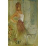 Janet Treby - Portrait of a female, heightened pastel on card, labels verso, mounted, framed and