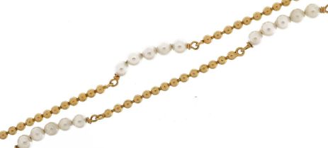 9ct gold and seed pearl ball link necklace, 39cm in length, 5.2g