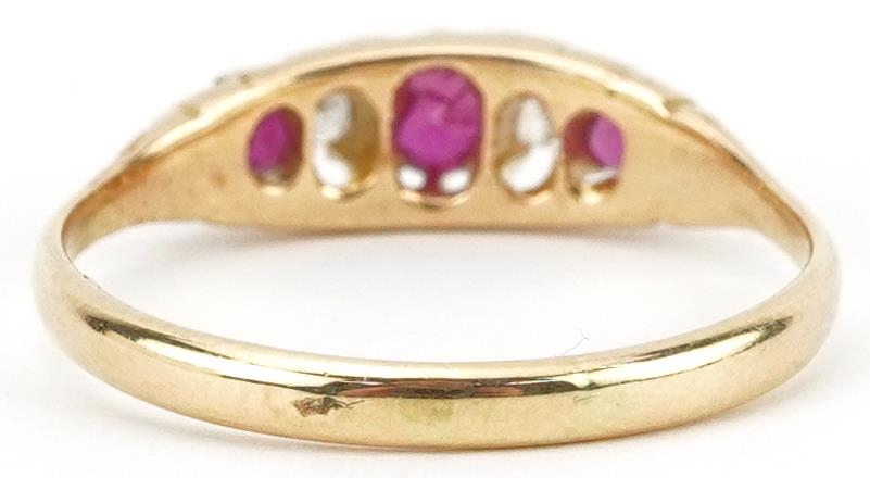 Antique 18ct gold graduated ruby and diamond five stone ring with pierced setting, the largest - Image 2 of 4