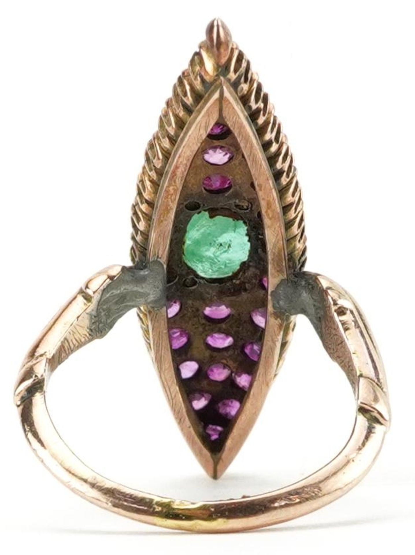 Antique unmarked gold ruby and emerald navette ring, the emerald approximately 7.80mm x 5.60mm x 3. - Image 2 of 3