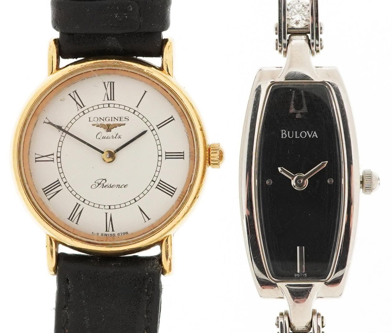 Two ladies quartz wristwatches comprising Bulova set with clear stones and Longines Presence, the