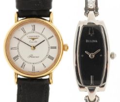 Two ladies quartz wristwatches comprising Bulova set with clear stones and Longines Presence, the