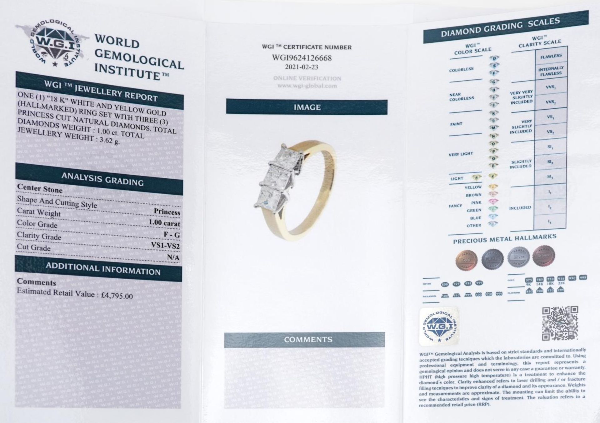 18ct gold princess cut diamond three stone ring with certificate, total diamond weight approximately - Bild 6 aus 6