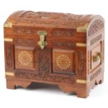 Indian Chinese style hardwood trunk in the form of a treasure chest with inset brass mounts and