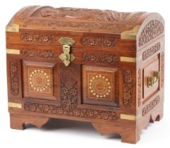 Indian Chinese style hardwood trunk in the form of a treasure chest with inset brass mounts and