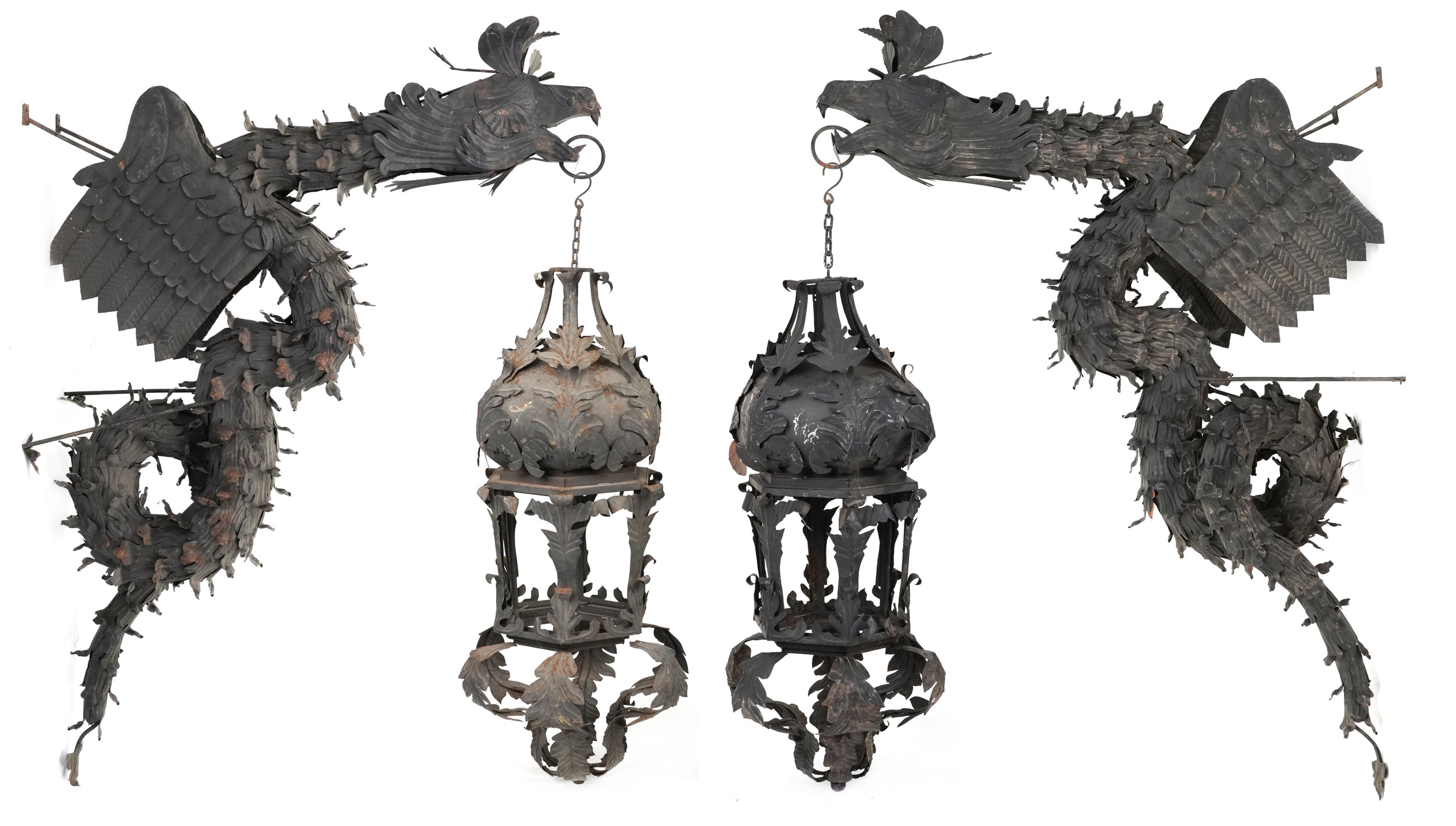 Pair of Chinese iron dragon wall lantern wall sculptures, each dragon 200cm in length