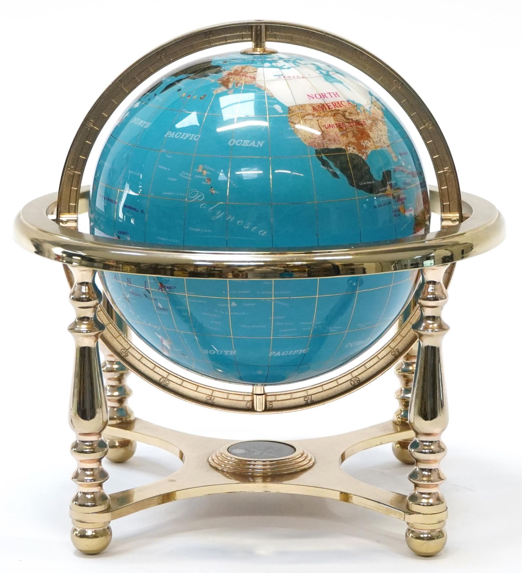 Contemporary polished stone table globe with brass stand and compass under tier, 33cm high - Bild 2 aus 3