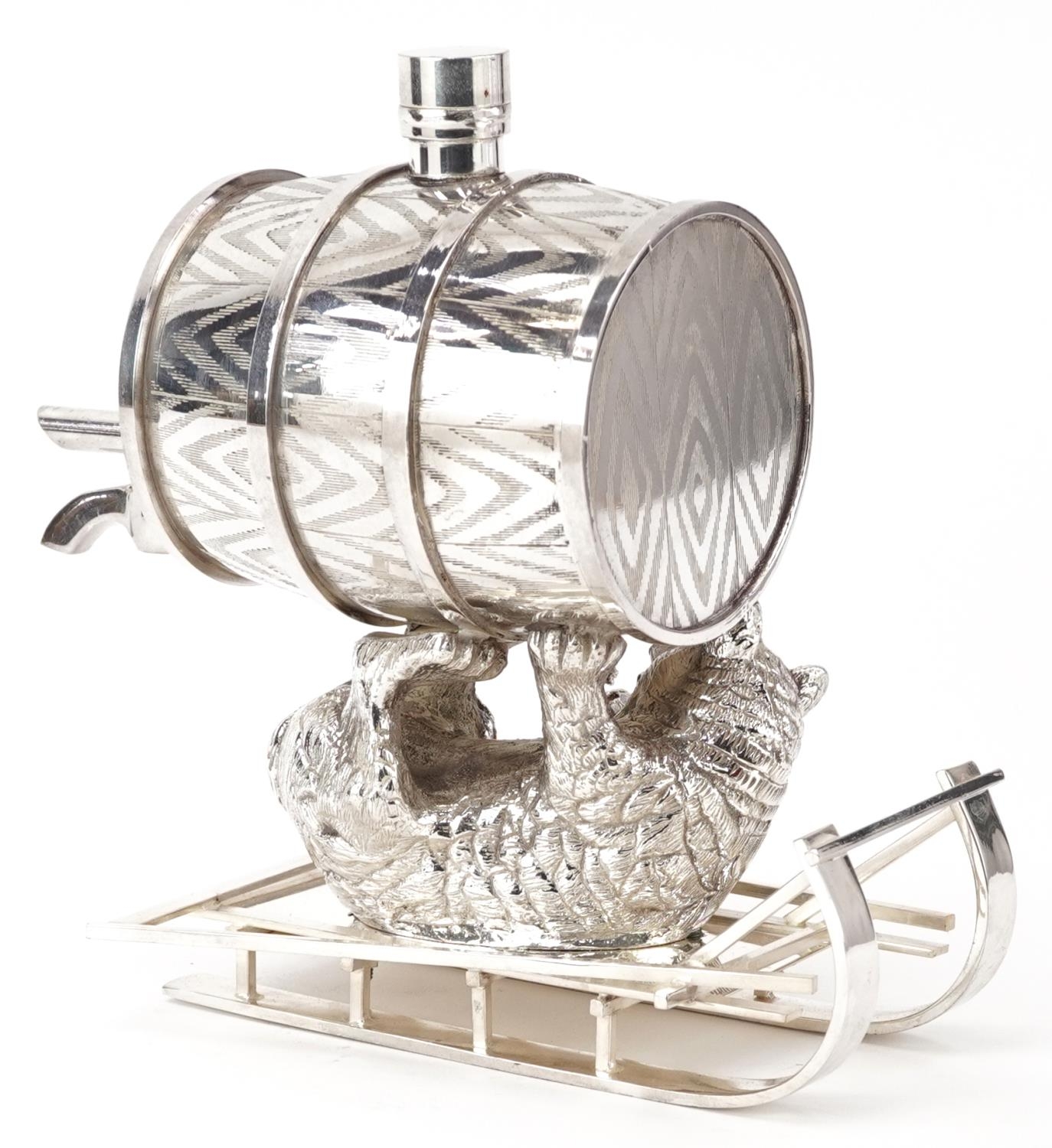 Silver plated barrel design dispenser in the form of a bear cub on a sled, 21cm high - Image 2 of 4