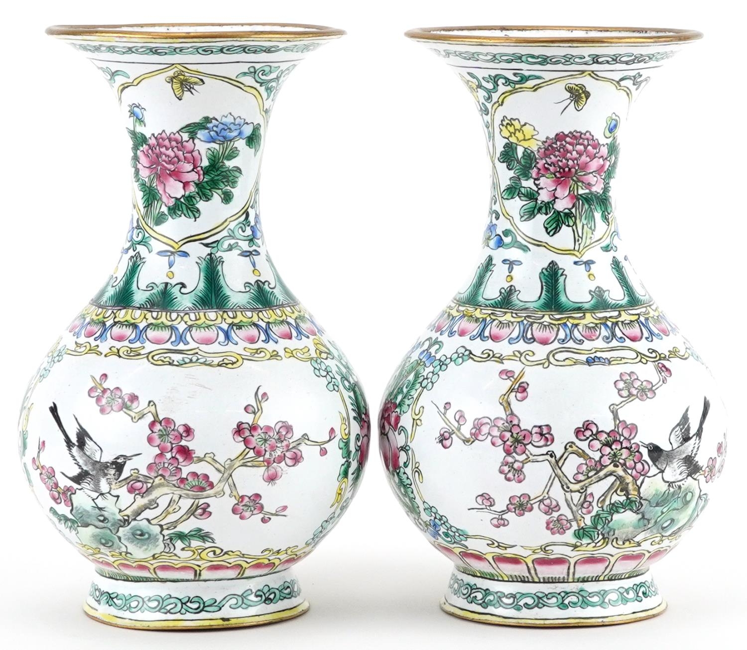Pair of Chinese Canton enamelled vases hand painted with birds and ducks amongst flowers, each - Image 3 of 6