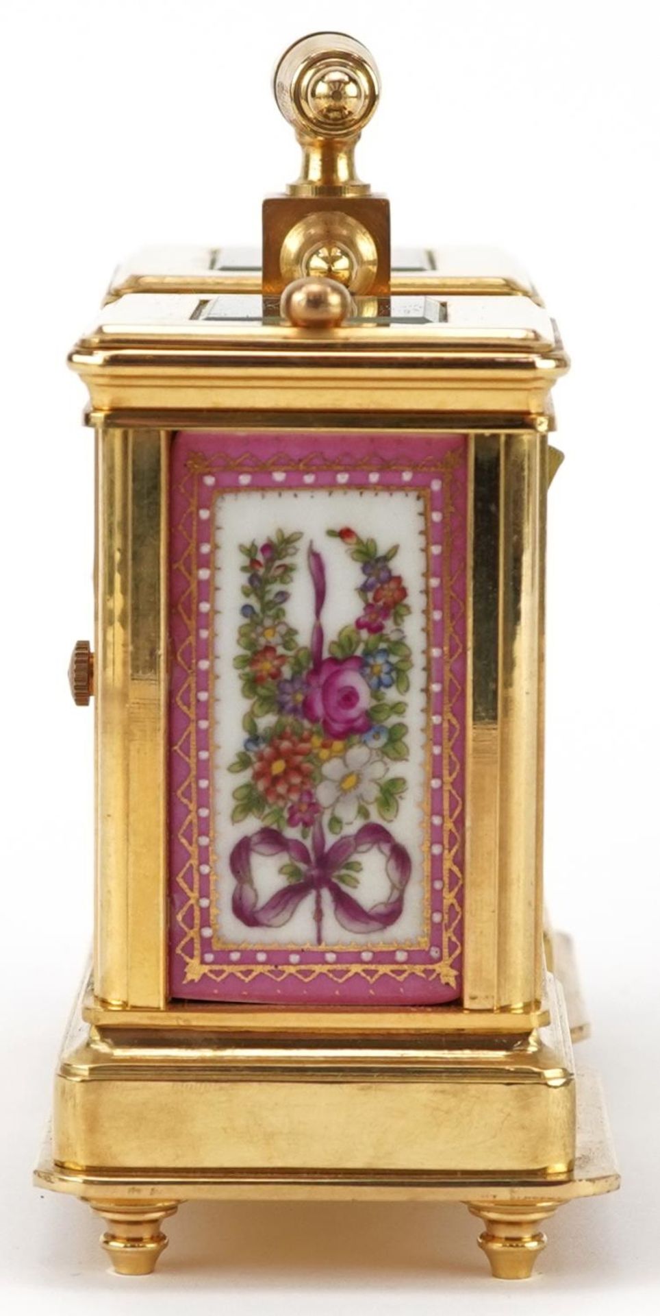 French brass cased clock barometer timepiece having Sevres type porcelain panels decorated with - Bild 5 aus 8