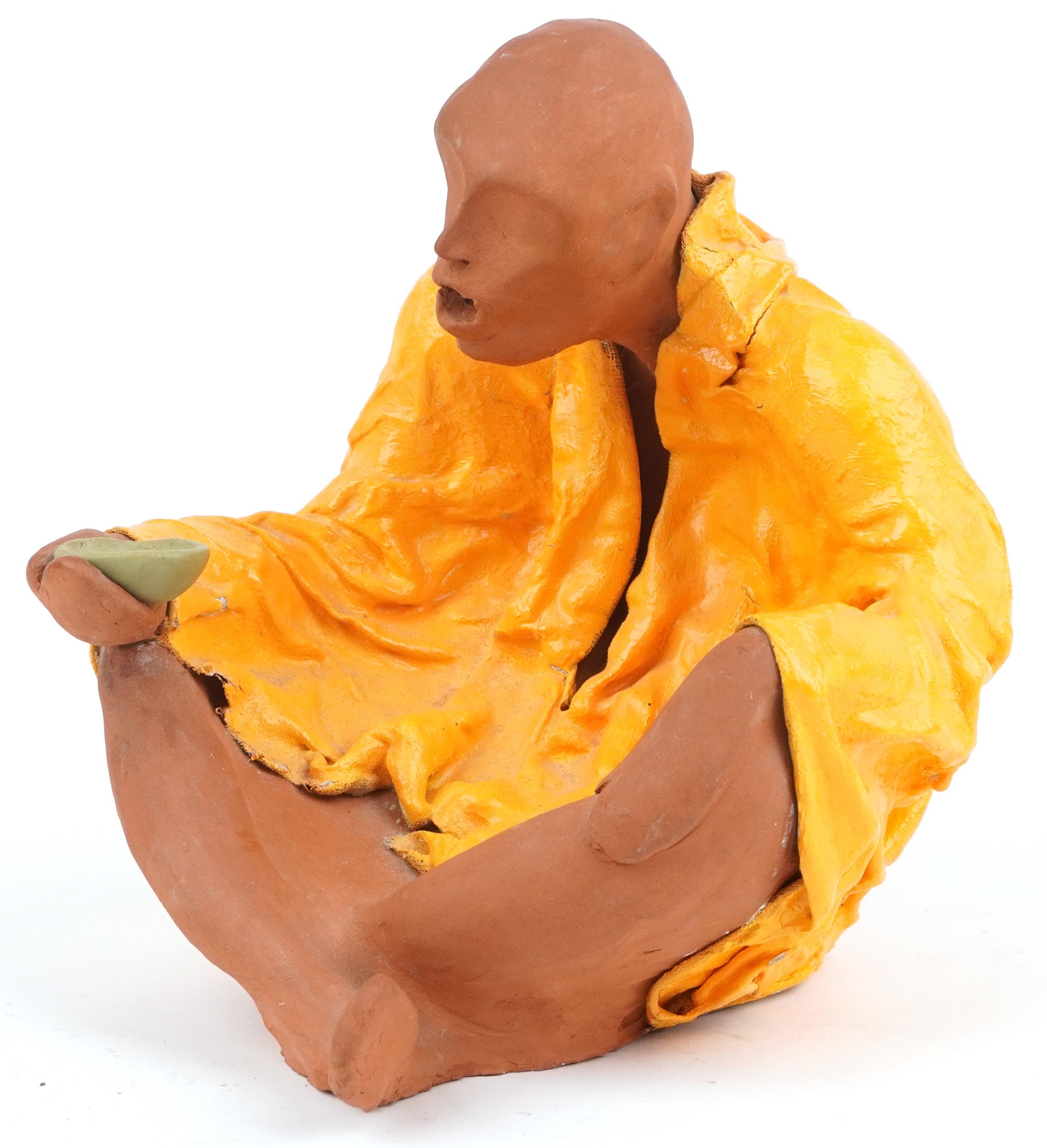 Neil Wilkinson, contemporary Brutalist terracotta sculpture with gesso and enamel paint of a beggar,