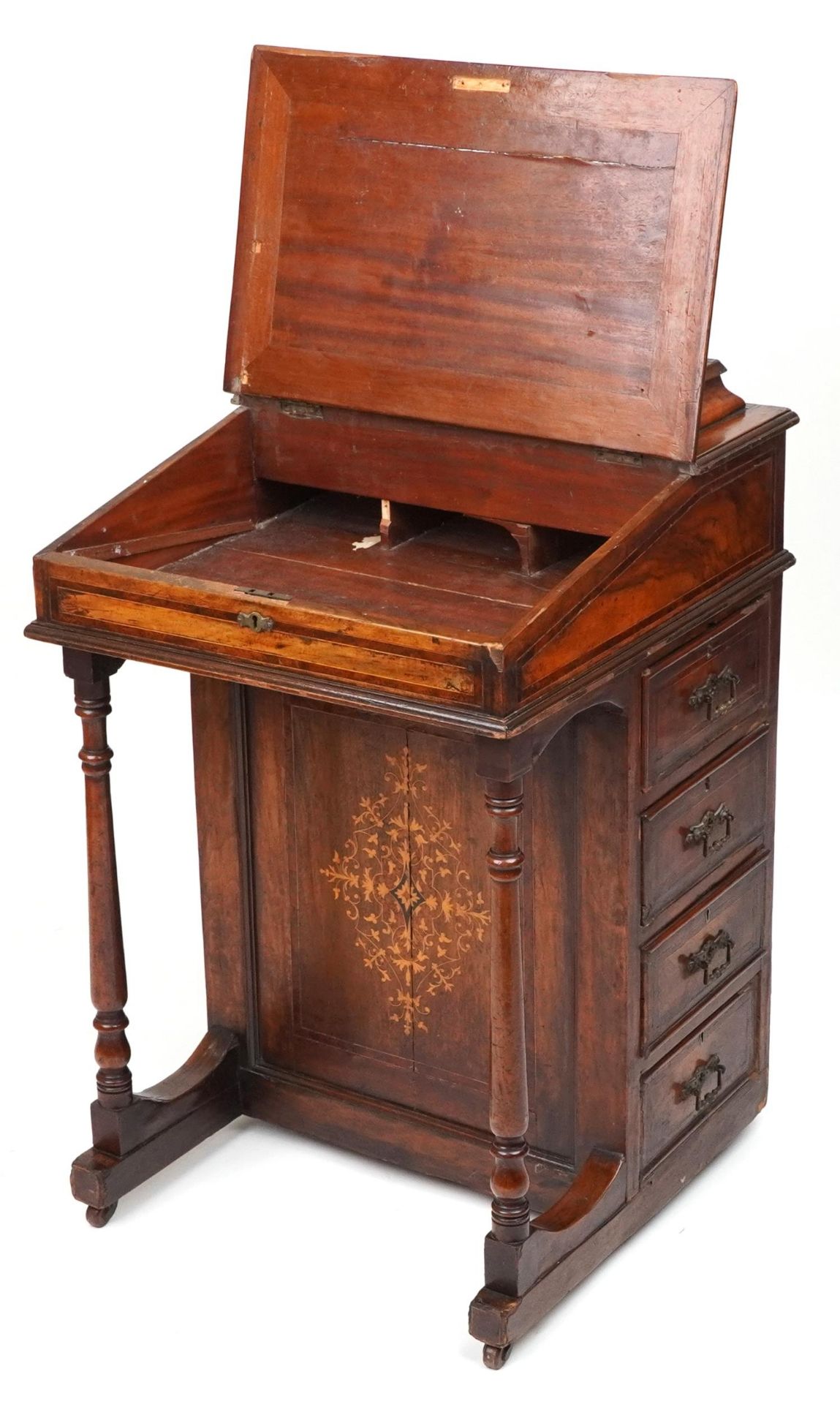 Victorian inlaid walnut and rosewood Davenport with lift up tops and side cupboard enclosing three - Bild 2 aus 5