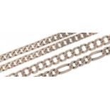Silver curb link necklace and two silver Figaro and curb link bracelets, the necklace 50cm in