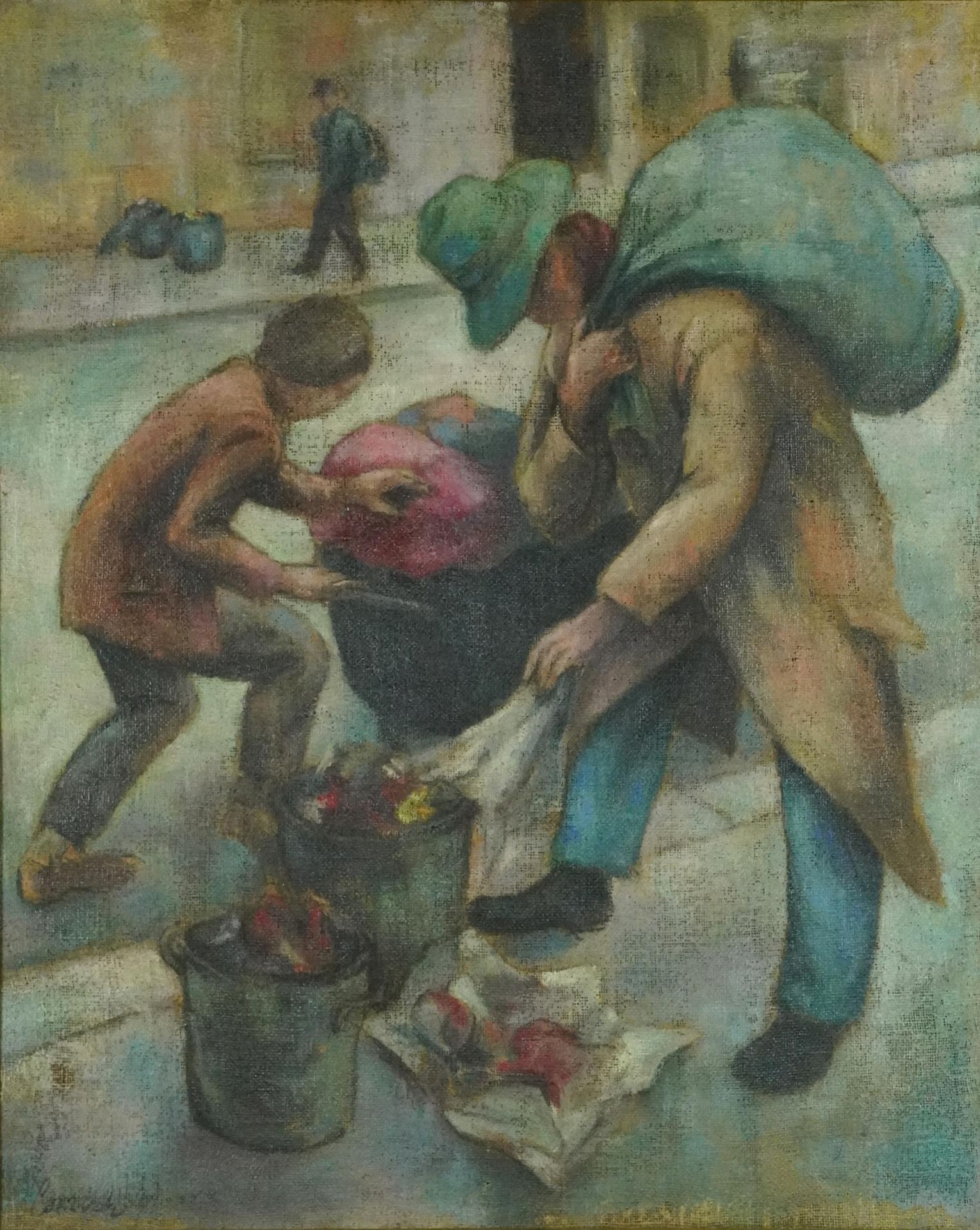 Attributed to Norman Cornish - Street life, post-war British oil on canvas, inscribed verso, framed,
