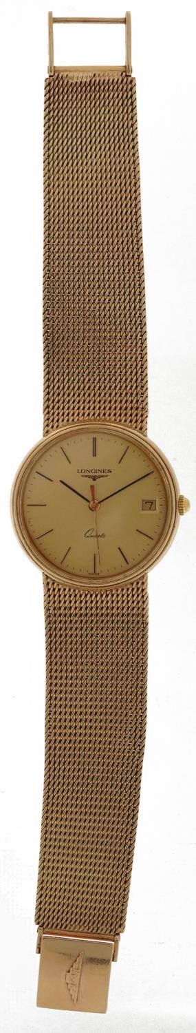 Longines, gentlemen's 9ct gold Longines quartz wristwatch with date aperture on a 9ct gold mesh link - Image 2 of 11
