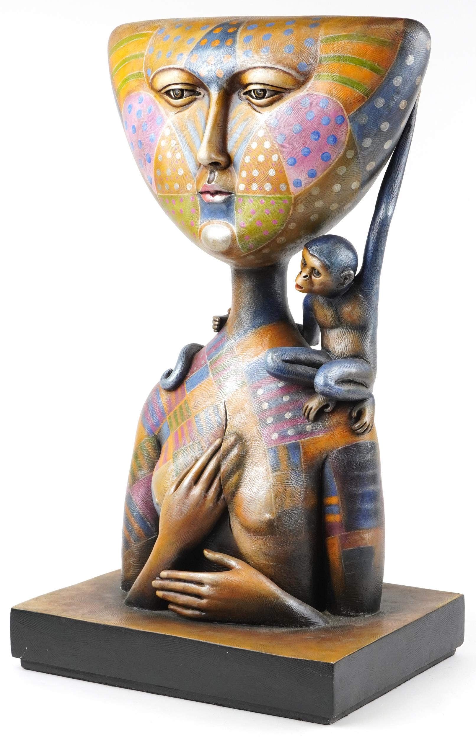 Sergio Bustamante, contemporary hand painted fibre glass sculpture of a nude female with monkey, The
