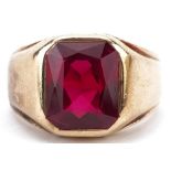 Heavy gold ruby ring, tests as 9ct gold, the ruby approximately 11.65mm x 9.90mm x 5.30mm deep,