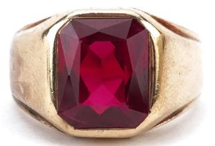 Heavy gold ruby ring, tests as 9ct gold, the ruby approximately 11.65mm x 9.90mm x 5.30mm deep,