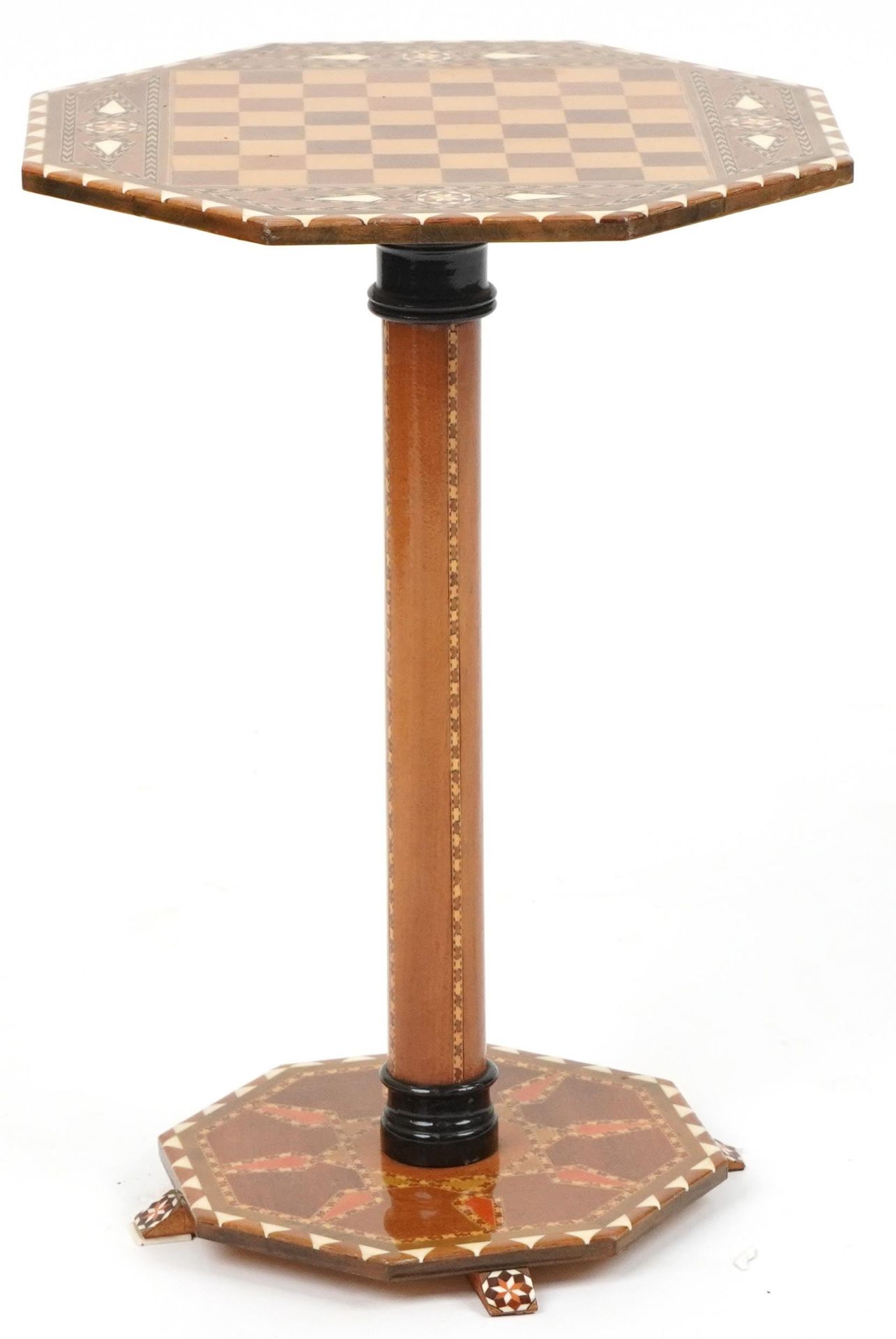 Manner of Liberty & Co, Moorish style inlaid chess occasional table with octagonal top and base,