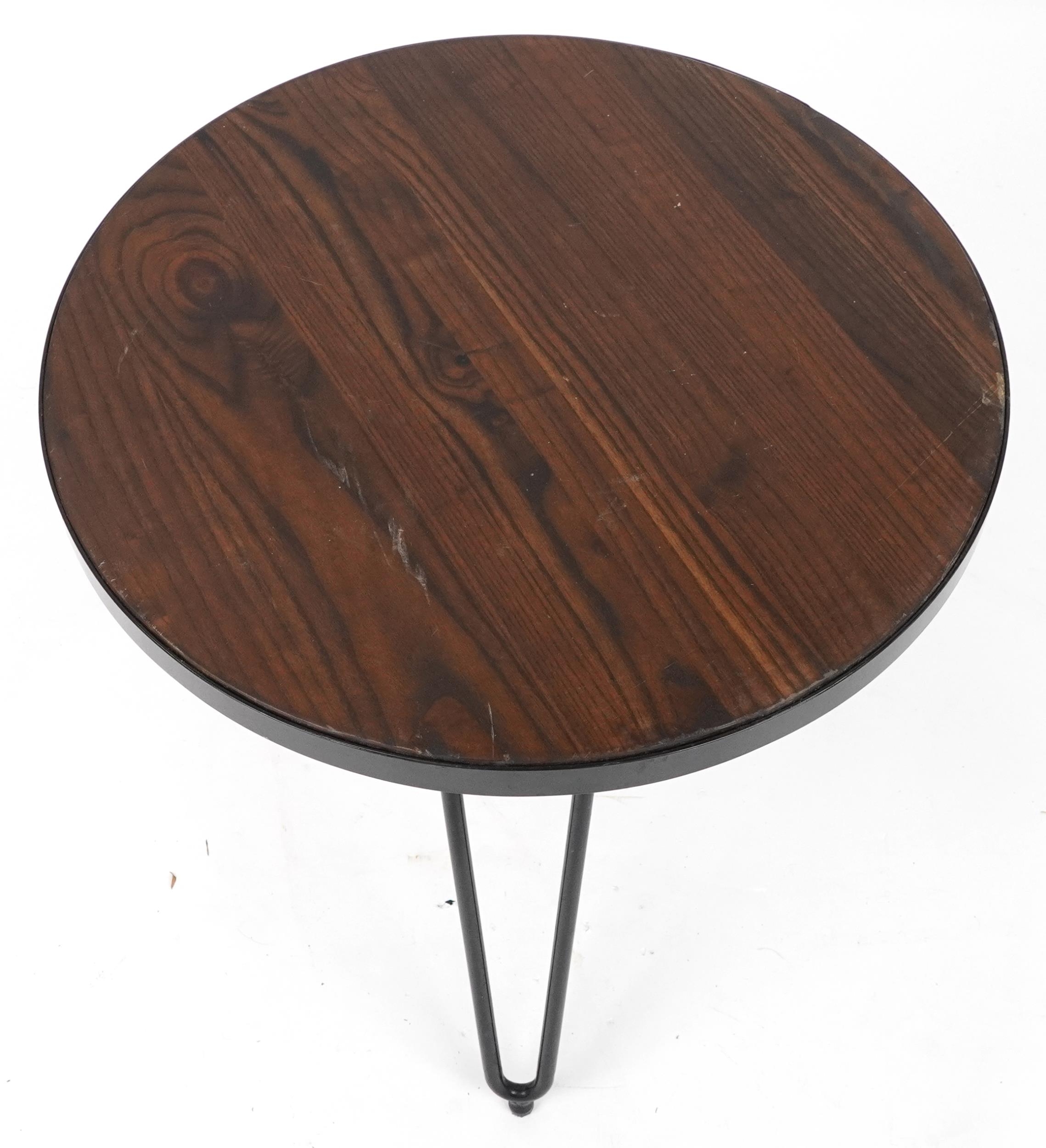 Industrial wrought iron circular side table with hardwood top and hairpin legs, 53cm high x 61cm - Image 2 of 3