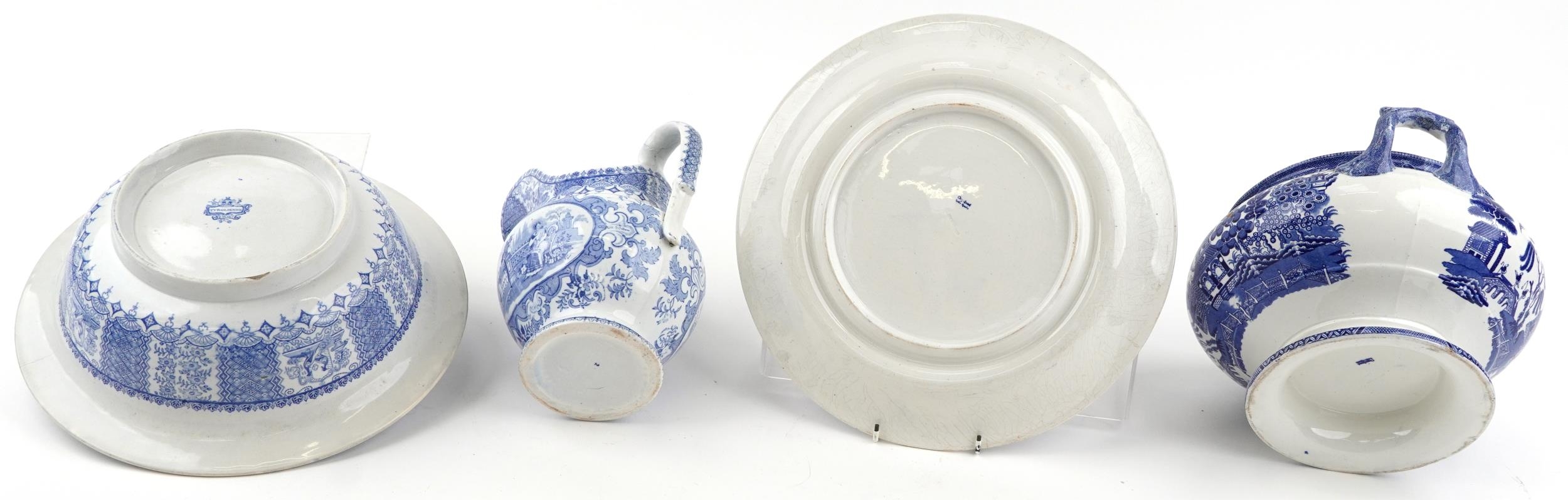 Victorian blue and white wash jug and basin, transfer printed in the Tyrolienne pattern and a - Image 9 of 10
