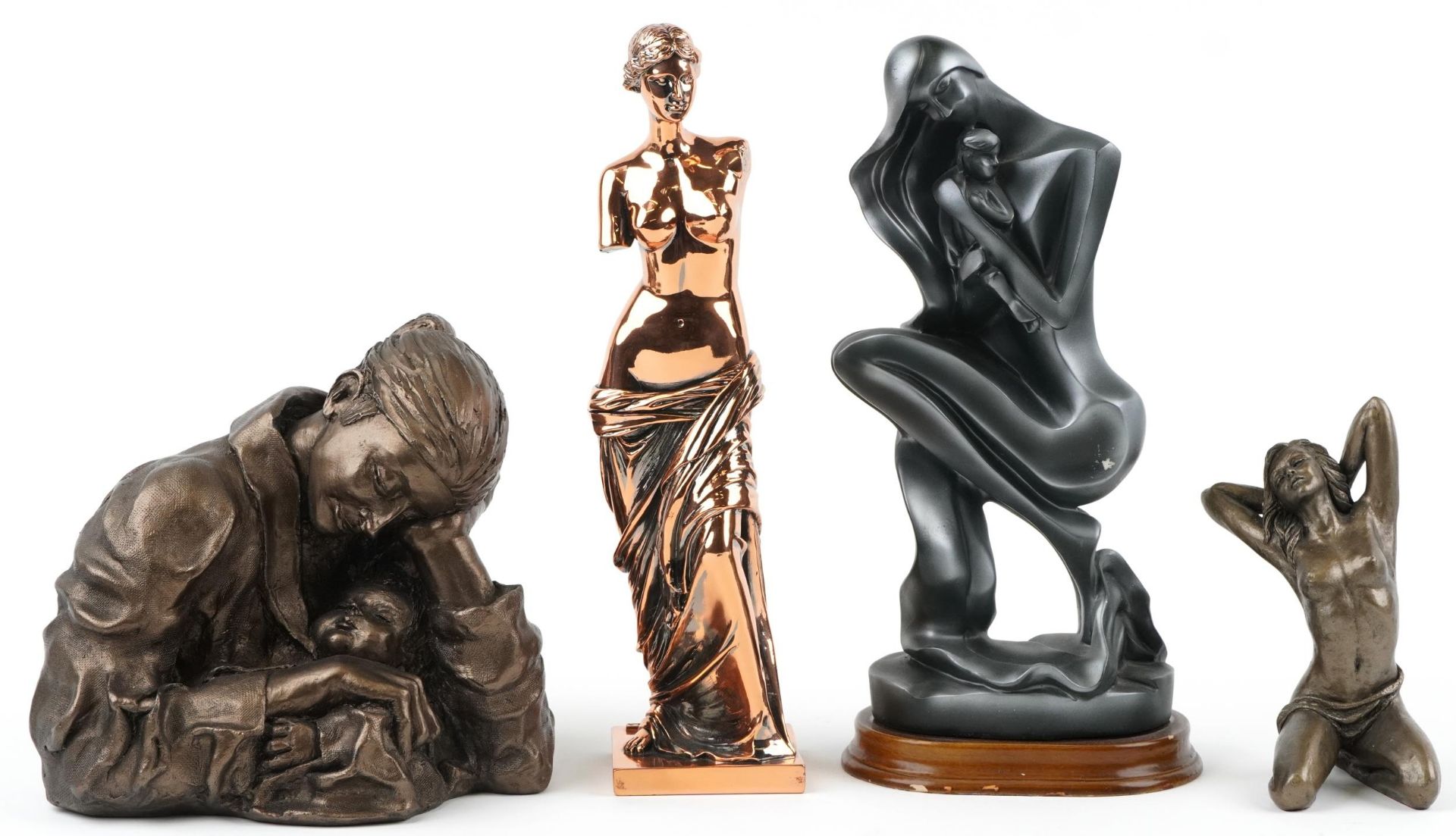 Classical and decorative figures including a bronzed statue of Mona Lisa and a Modernist sculpture