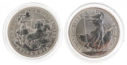 Two Elizabeth II Britannia one ounce fine silver two pounds comprising dates 1998 and 1999