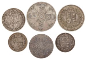 Victorian silver coinage comprising 1887 double florin, half crown, florin, shilling and six pence