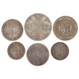 Victorian silver coinage comprising 1887 double florin, half crown, florin, shilling and six pence