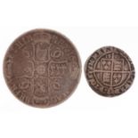 Elizabeth I 1569 hammered silver shilling and a Charles II silver crown, indistinct date, 16..