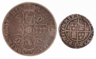 Elizabeth I 1569 hammered silver shilling and a Charles II silver crown, indistinct date, 16..