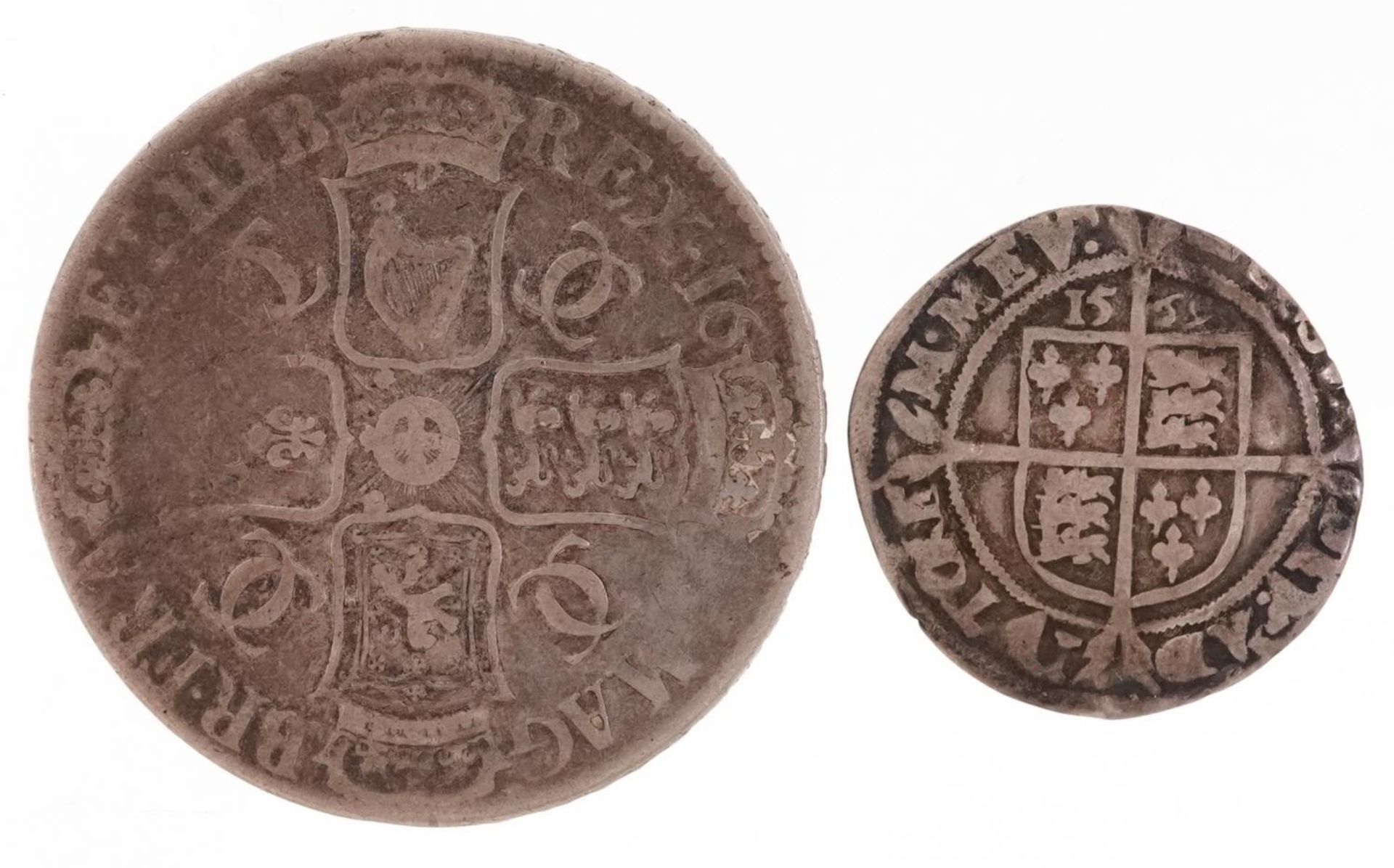 Elizabeth I 1569 hammered silver shilling and a Charles II silver crown, indistinct date, 16..