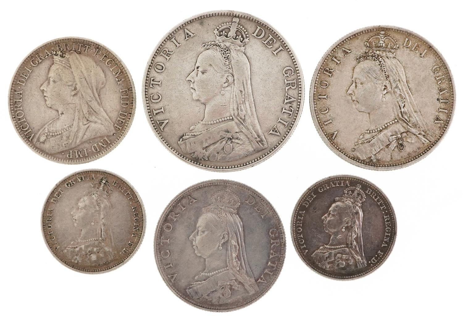 Victorian silver coinage comprising 1887 double florin, half crown, florin, shilling and six pence - Image 2 of 2