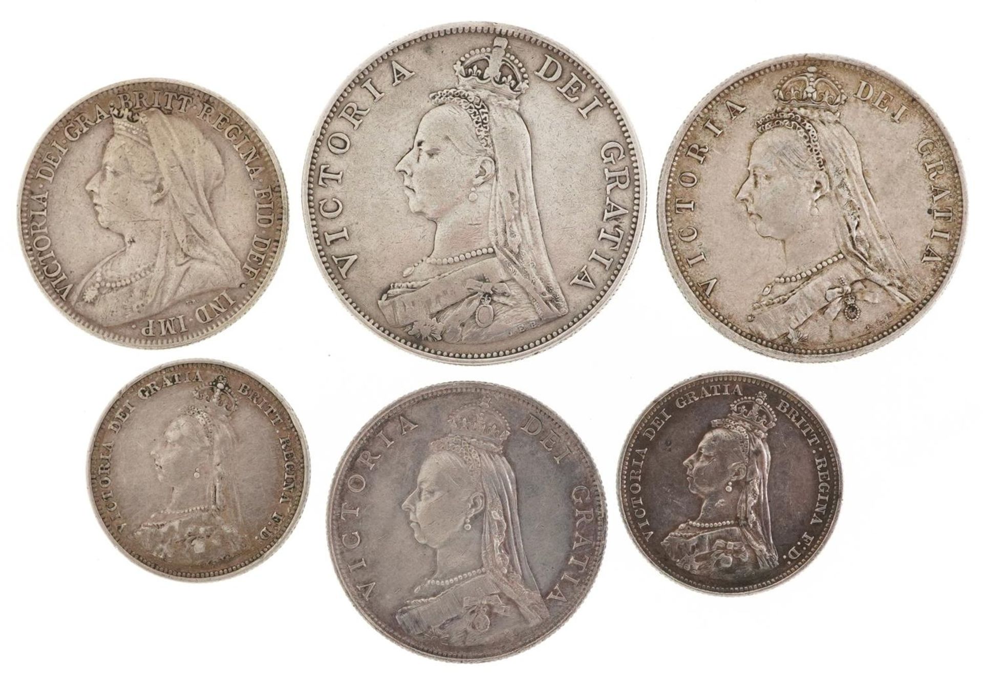 Victorian silver coinage comprising 1887 double florin, half crown, florin, shilling and six pence - Bild 2 aus 2