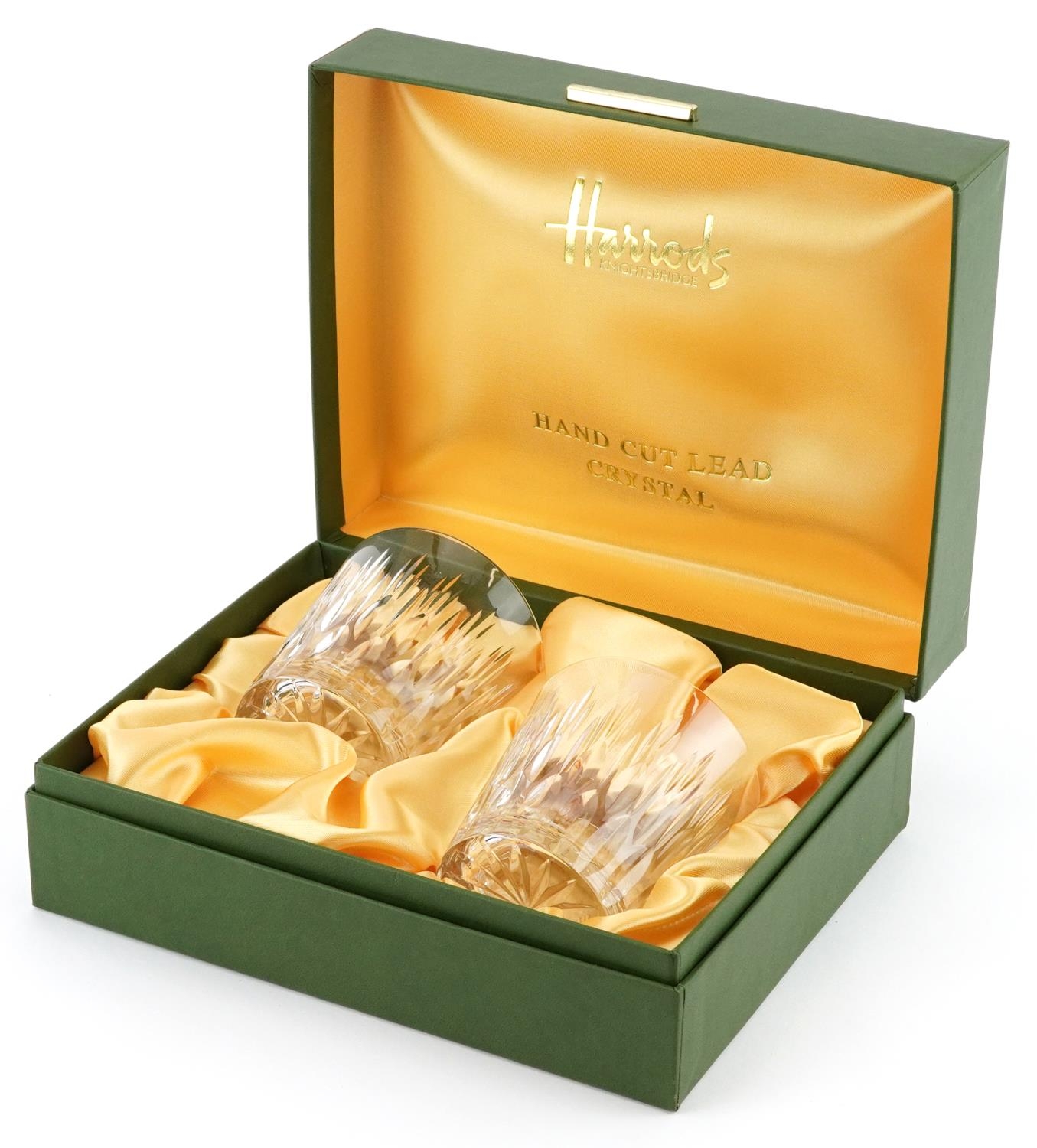 Pair of Harrods crystal glasses housed in a fitted box, each glass 8cm high