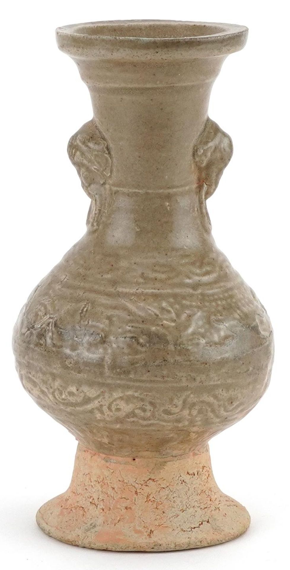 Chinese porcelain vase with ring turned elephant head handles having a celadon glaze, 16.5cm high