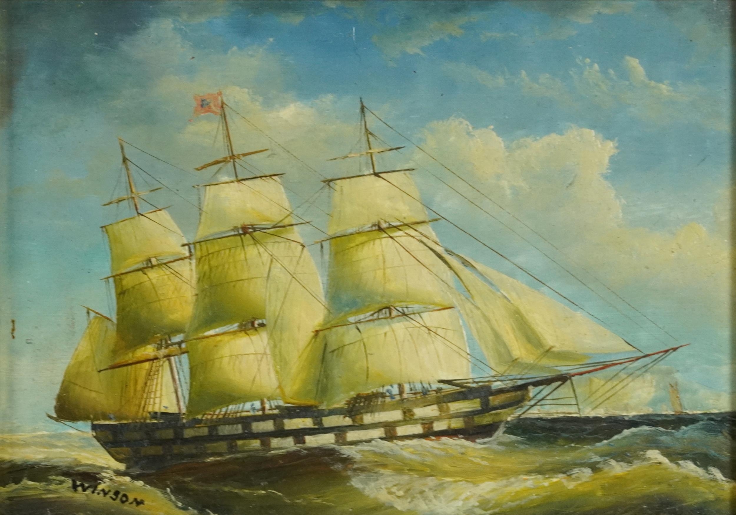 Men-O-War, three naval interest oil on boards including two signed R Bramley and Winson, each - Image 7 of 14