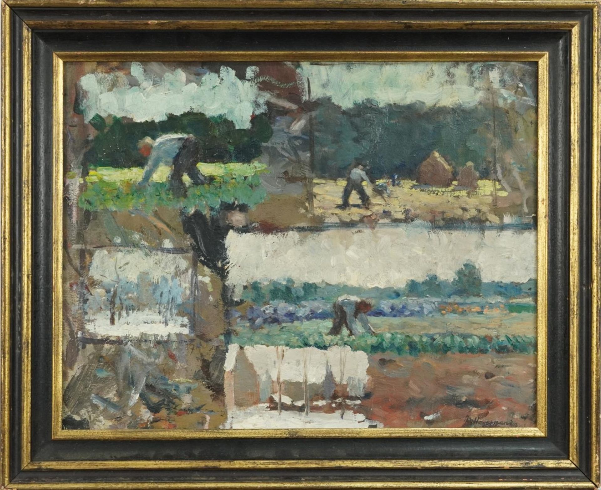 Manner of Maurice Hagemans - Harvest Time, European Impressionist oil on board, inscribed verso, - Image 2 of 6