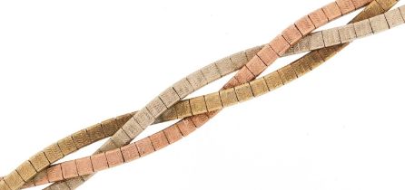 9ct three tone gold flattened link weave bracelet, 18cm in length, 16.5g