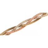 9ct three tone gold flattened link weave bracelet, 18cm in length, 16.5g