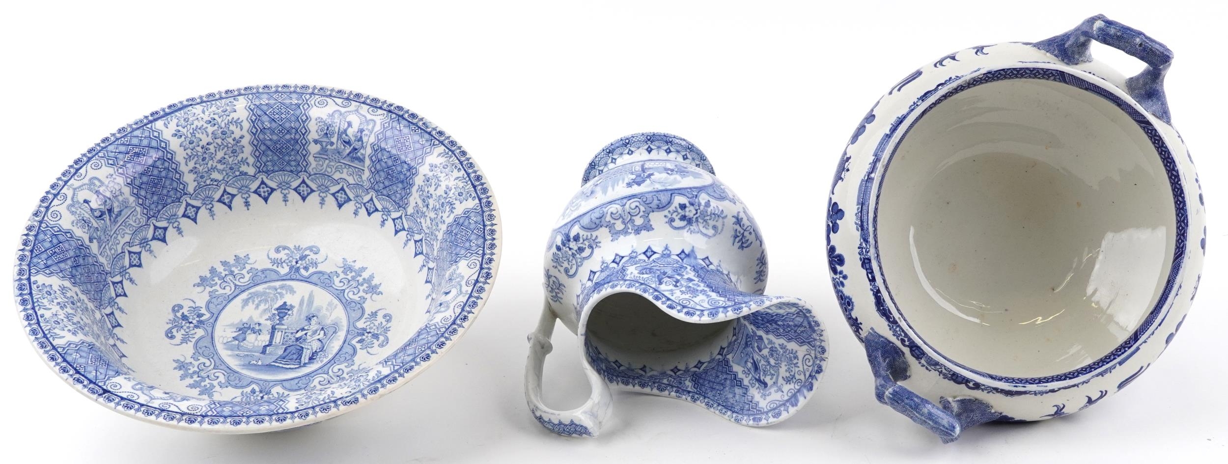 Victorian blue and white wash jug and basin, transfer printed in the Tyrolienne pattern and a - Image 8 of 10