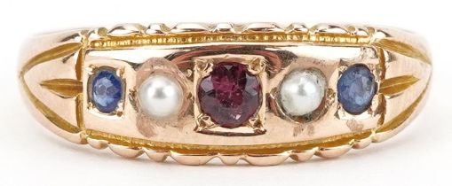 Victorian 15ct gold garnet, sapphire and seed pearl ring, Birmingham 1898, size M, 2.3g