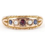 Victorian 15ct gold garnet, sapphire and seed pearl ring, Birmingham 1898, size M, 2.3g